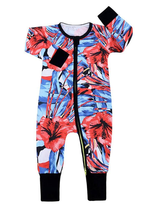 Vibrant Hibiscus Red, White and Blue Baby Zip Sleepsuit with Hand & Feet Cuffs - Stylemykid.com