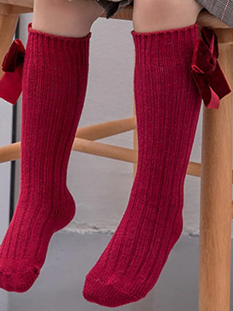 Velvet Bow Girls Long Socks Maroon Red