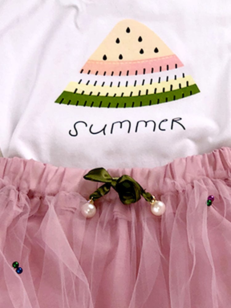 Summer Watermelon - Girls 2 Piece White & Pale Pink T-Shirt Top & Tulle Tutu Skirt Outfit - 1 to 5 Years - Stylemykid.com