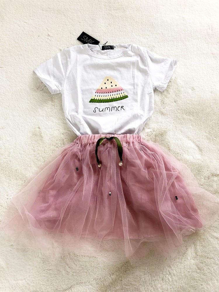 Summer Watermelon - Girls 2 Piece White & Pale Pink T-Shirt Top & Tulle Tutu Skirt Outfit - 1 to 5 Years - Stylemykid.com