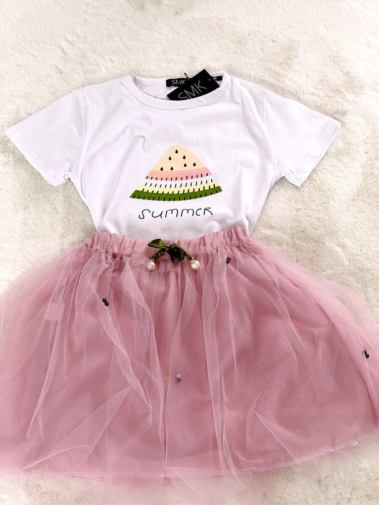 Summer Watermelon - Girls 2 Piece White & Pale Pink T-Shirt Top & Tulle Tutu Skirt Outfit - 1 to 5 Years - Stylemykid.com