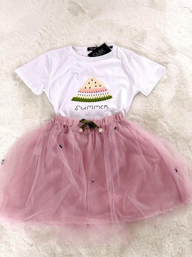 Summer Watermelon - Girls 2 Piece White & Pale Pink T-Shirt Top & Tulle Tutu Skirt Outfit - 1 to 5 Years - Stylemykid.com