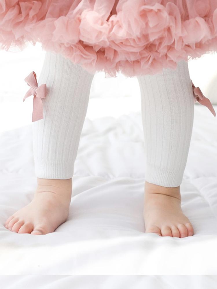 White Ribbon Bow Ribbed Footless Girls Tights/ Leggings - Stylemykid.com