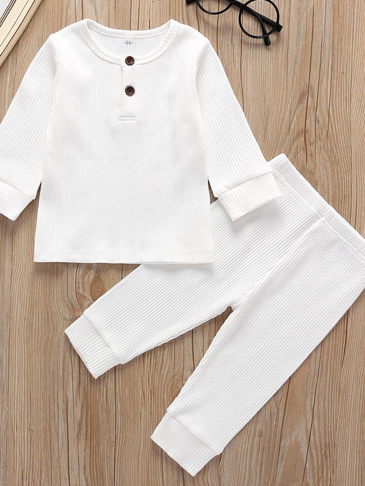 Baby/Toddler White Matching 2 Piece Ribbed Button Top & Bottoms Lounge Outfit 6 to 9 Months - Stylemykid.com