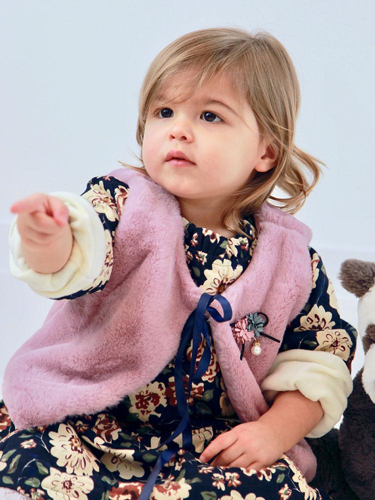 Winter Floral Fleece Dress & Dusky Pink Faux Fur Gilet Set - Stylemykid.com