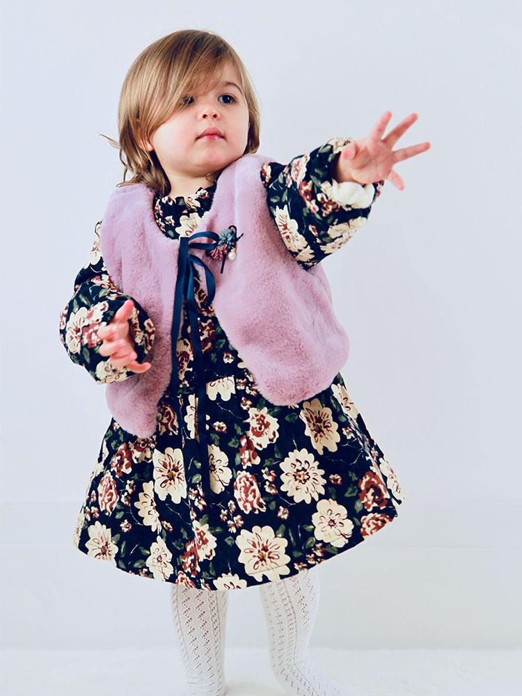 Winter Floral Fleece Dress & Dusky Pink Faux Fur Gilet Set - Stylemykid.com