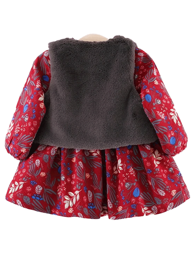 Winter Petal Dark Red Dress with Matching Grey Faux Fur Gilet - Stylemykid.com