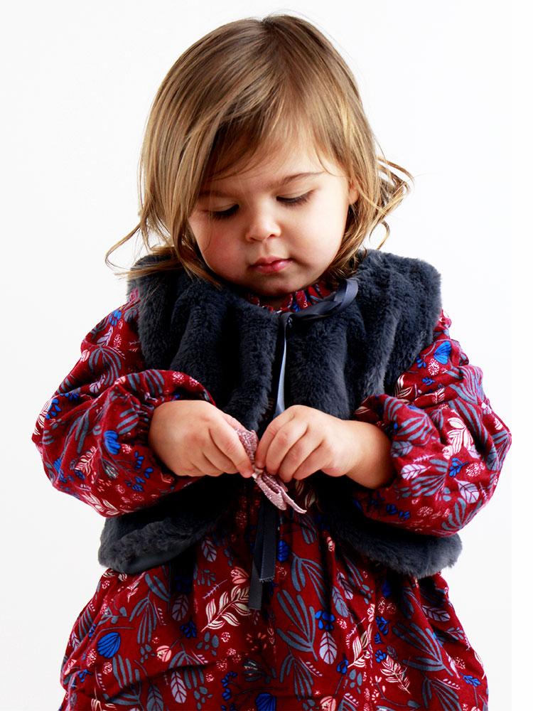 Winter Petal Dark Red Dress with Matching Grey Faux Fur Gilet - Stylemykid.com