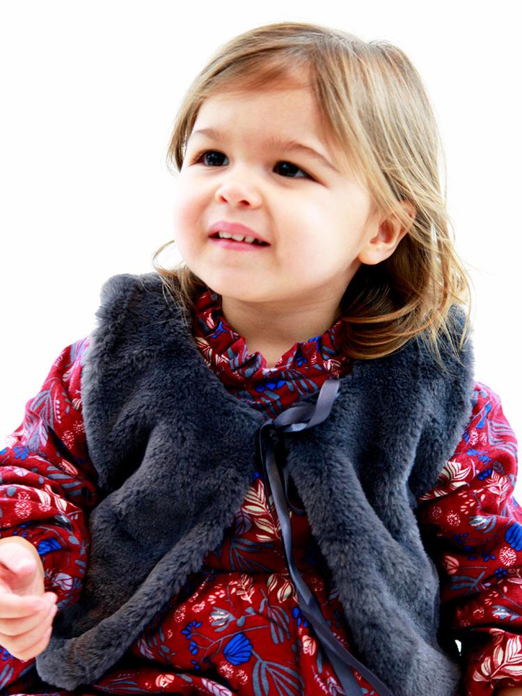 Winter Petal Dark Red Dress with Matching Grey Faux Fur Gilet - Stylemykid.com