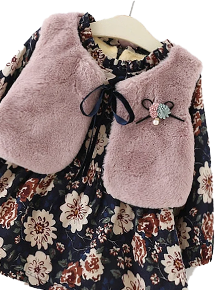 Winter Floral Fleece Dress & Dusky Pink Faux Fur Gilet Set - Stylemykid.com