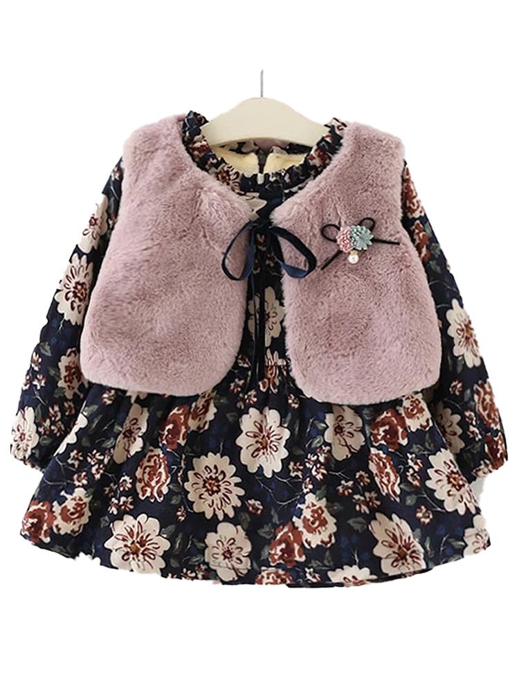 Winter Floral Fleece Dress & Dusky Pink Faux Fur Gilet Set - Stylemykid.com