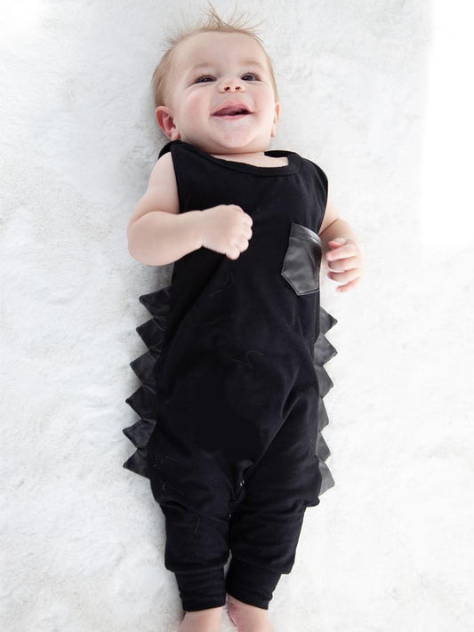 Black Dino Baby Romper with Faux Leather Dino Spikes - Stylemykid.com