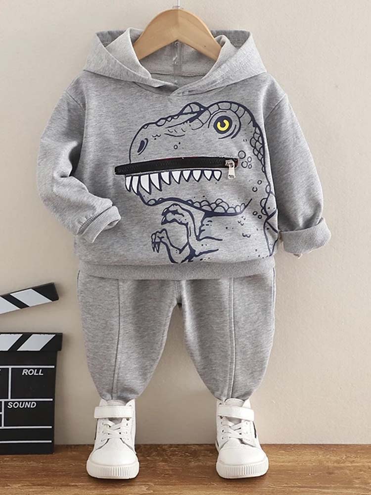 T Rex Zip Mouth and Spikes Dinosaur Hoodie & Joggers - 2 Piece Outfit - Grey 9m to 4Y - Stylemykid.com