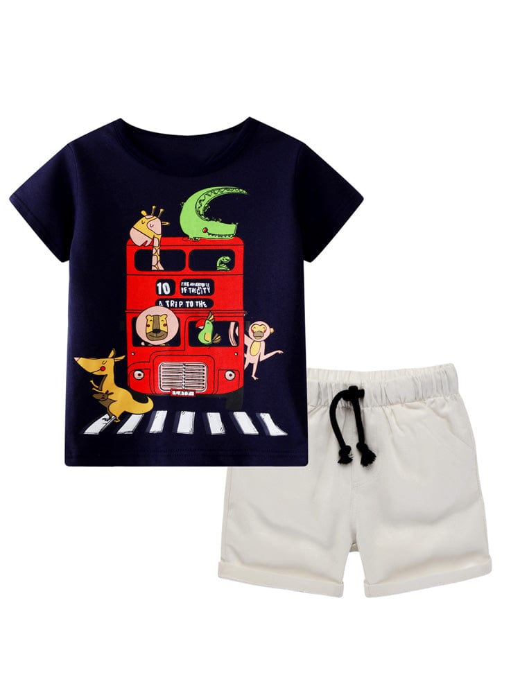 The Busy Bus 2 Piece Set - Boys Navy T-shirt and Beige Shorts Set - Stylemykid.com