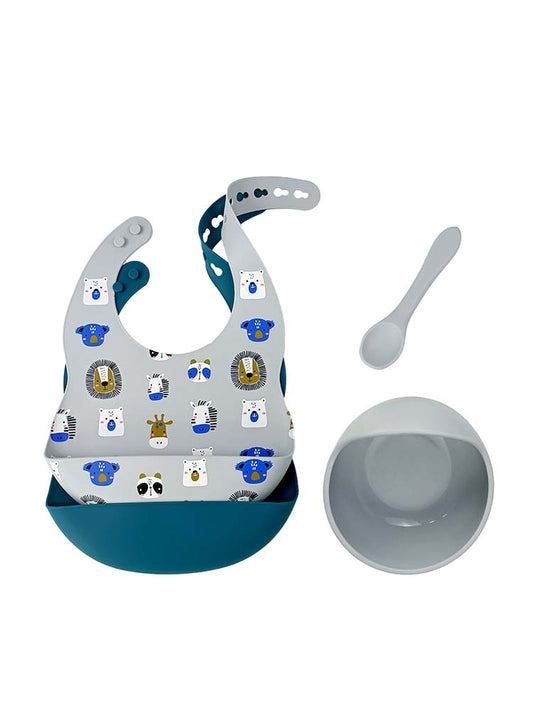 Silicone Bibs & Bowl Baby Feeding Set - Bibs X 2, Food Bowl and Spoon - Zoo & Deep Blue - Stylemykid.com