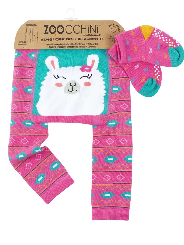 Zoocchini - Baby and Toddler Leggings & Socks Set - Grip Easy Comfort Crawlers - Laney the Llama 12 to18 M - Stylemykid.com