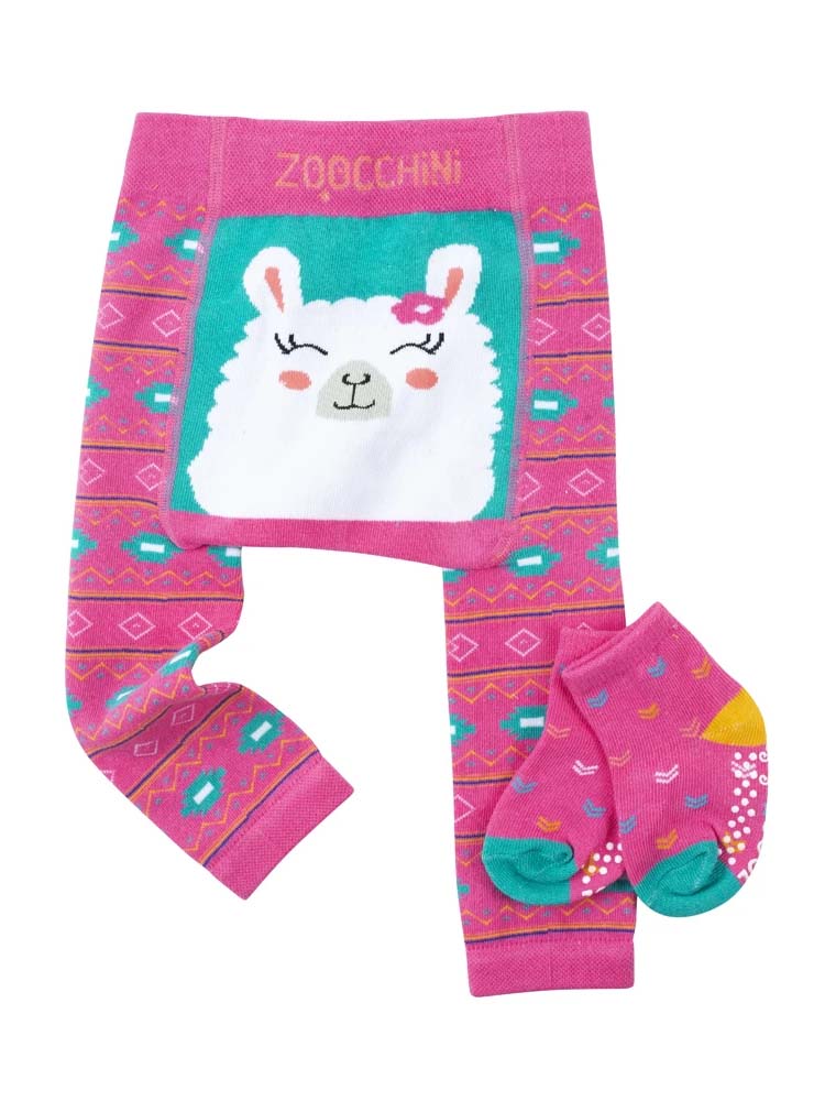 Zoocchini - Baby and Toddler Leggings & Socks Set - Grip Easy Comfort Crawlers - Laney the Llama 12 to18 M - Stylemykid.com