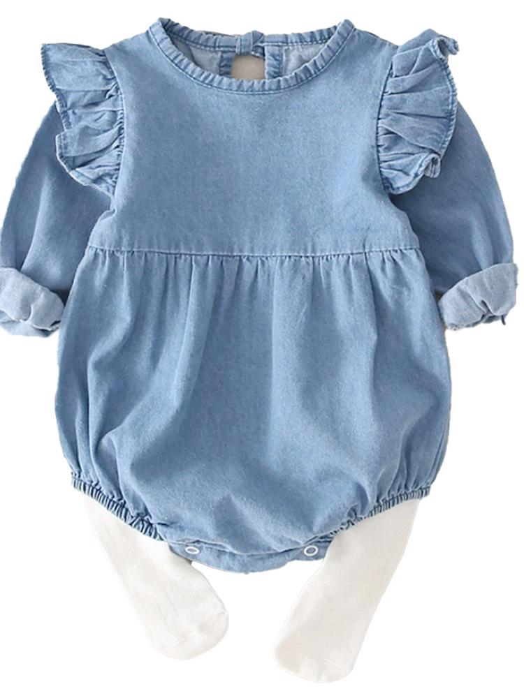 Soft Denim Blue Frill Long Sleeve Baby Romper - Stylemykid.com