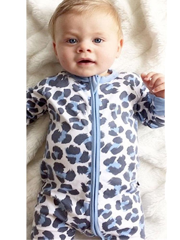 Blue Leopard - Baby Zip Sleepsuit with Turnover Hand & Feet Cuffs - Stylemykid.com