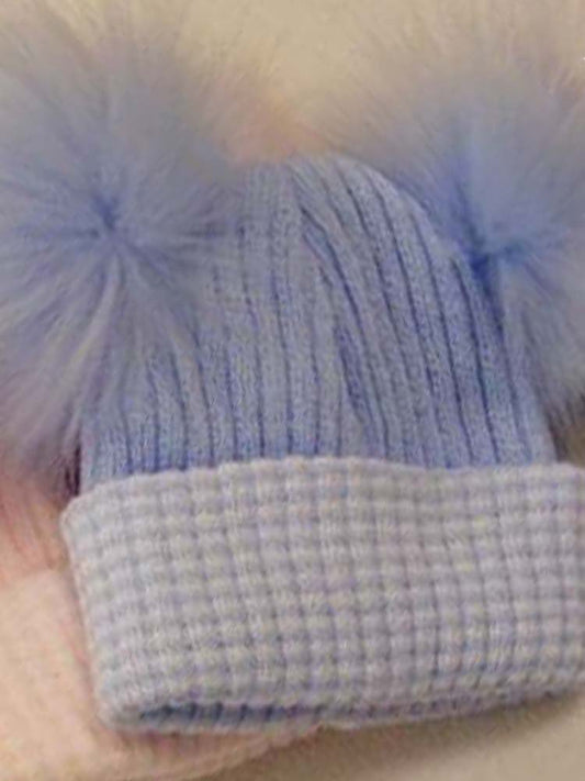 Blue & White Double Pom Pom Baby Hat - 0-3 Months - Stylemykid.com
