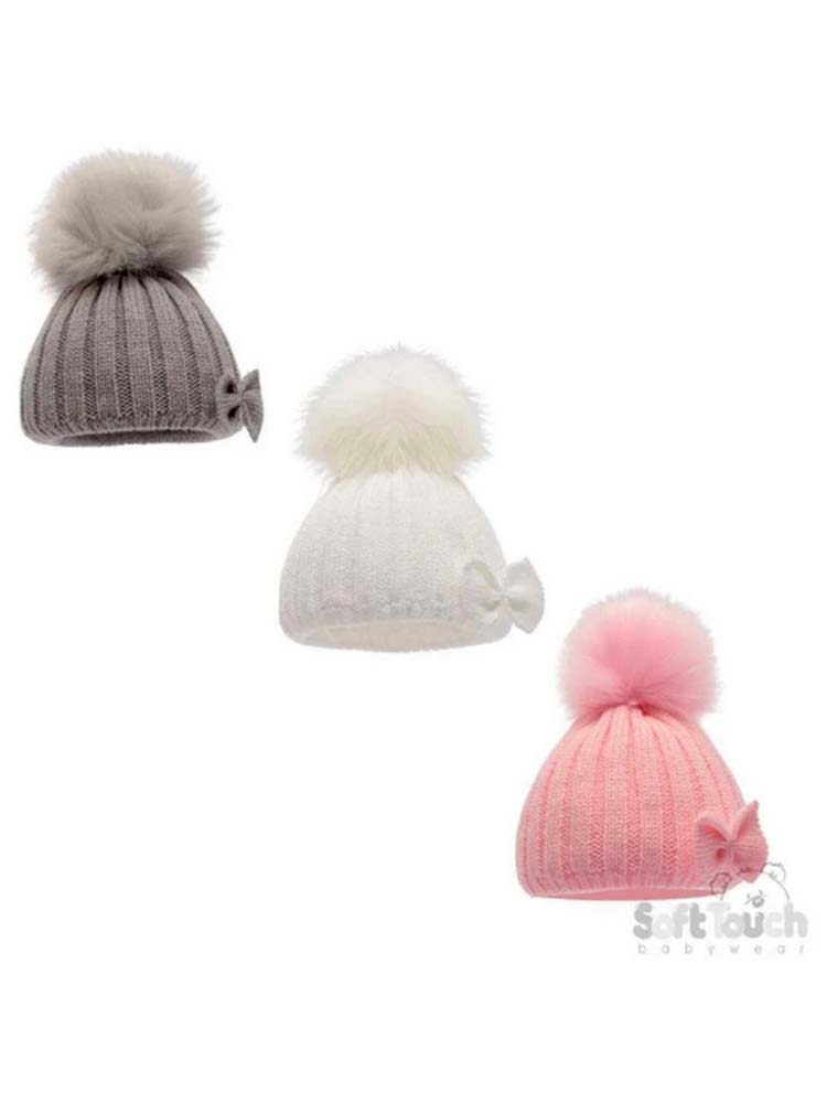 Newborn Bow & Faux Fur Pom Pom Knit Hat - White - Stylemykid.com