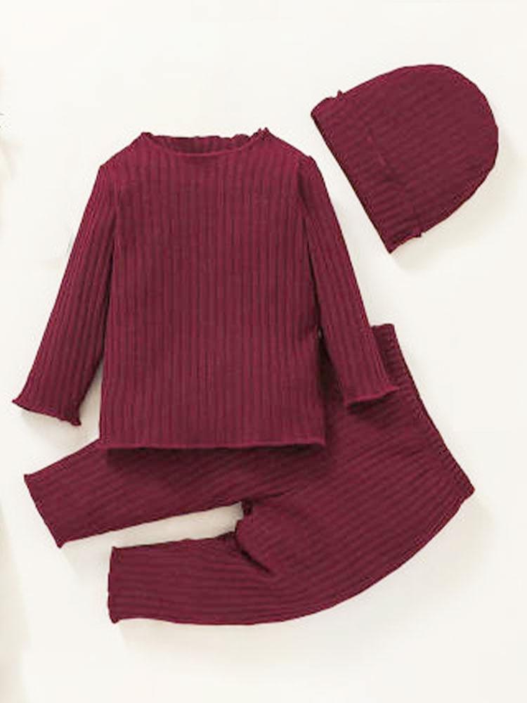 Burgundy Ribbed Top, Bottoms and Matching Hat - 3 Piece Baby Outfit - 3-24 months - Stylemykid.com