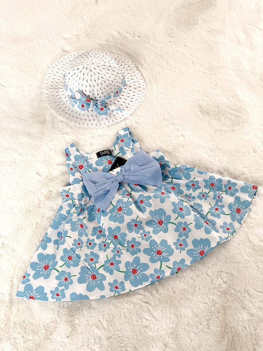 Daisy Chain Blue - Girls Blue and White Daisy Print Dress with Summer Hat and Bow Back - Stylemykid.com