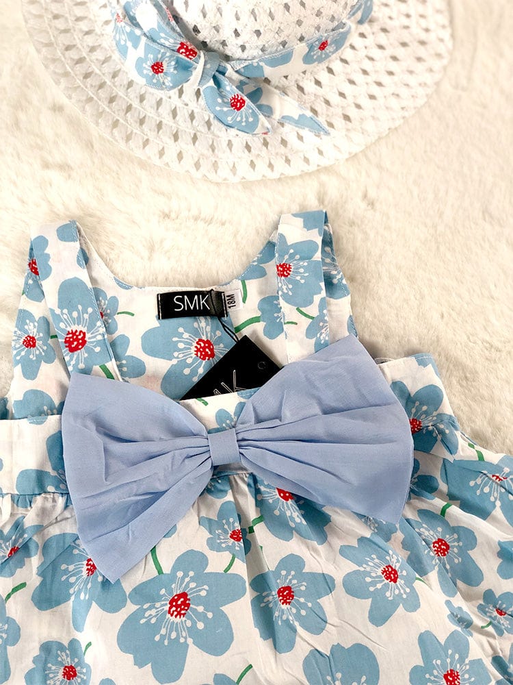 Daisy Chain Blue - Girls Blue and White Daisy Print Dress with Summer Hat and Bow Back - Stylemykid.com