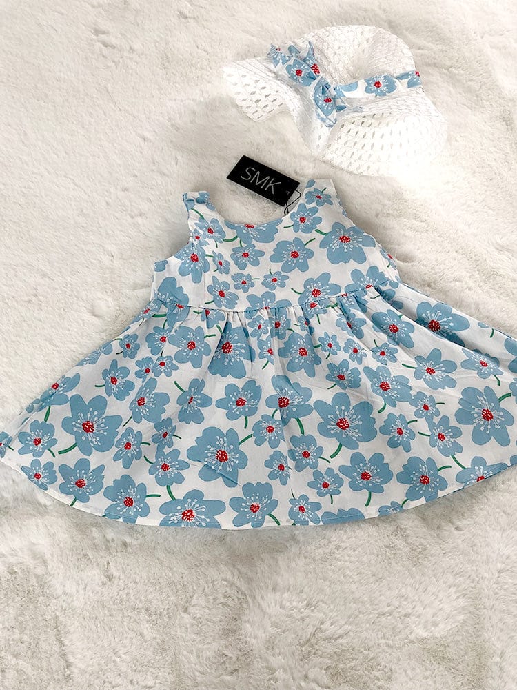 Daisy Chain Blue - Girls Blue and White Daisy Print Dress with Summer Hat and Bow Back - Stylemykid.com