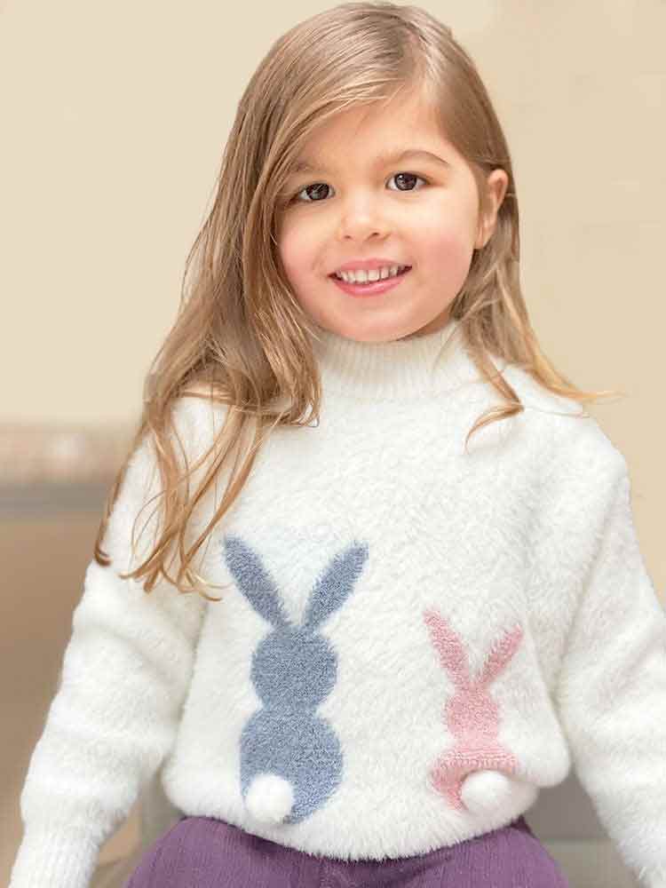 Girls Angora Fluffy Bunnies Jumper - White with faux fur bunny tail - Stylemykid.com