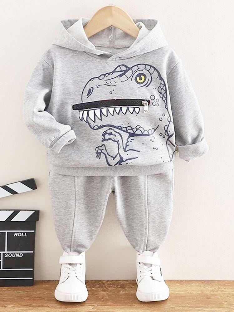 T Rex Zip Mouth and Spikes Dinosaur Hoodie & Joggers - 2 Piece Outfit - Grey 9m to 4Y - Stylemykid.com