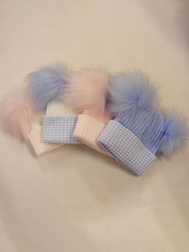 Blue & White Double Pom Pom Baby Hat - 0-3 Months - Stylemykid.com