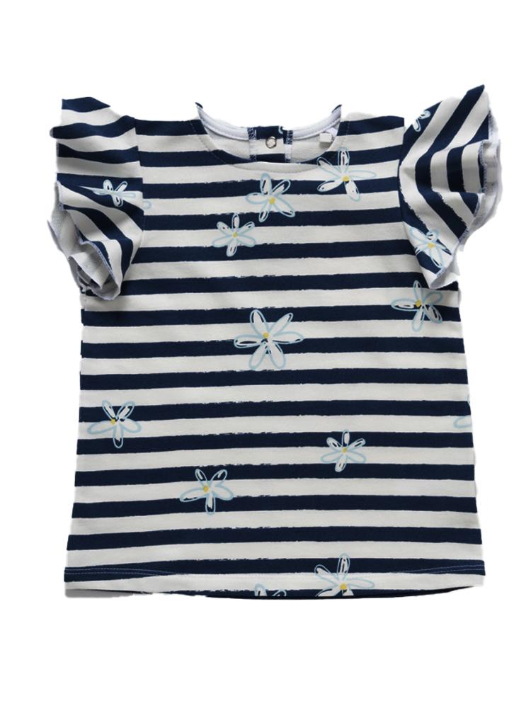 Artie - Girls Navy & White Short Sleeve Striped Top - Flower Frills - Stylemykid.com