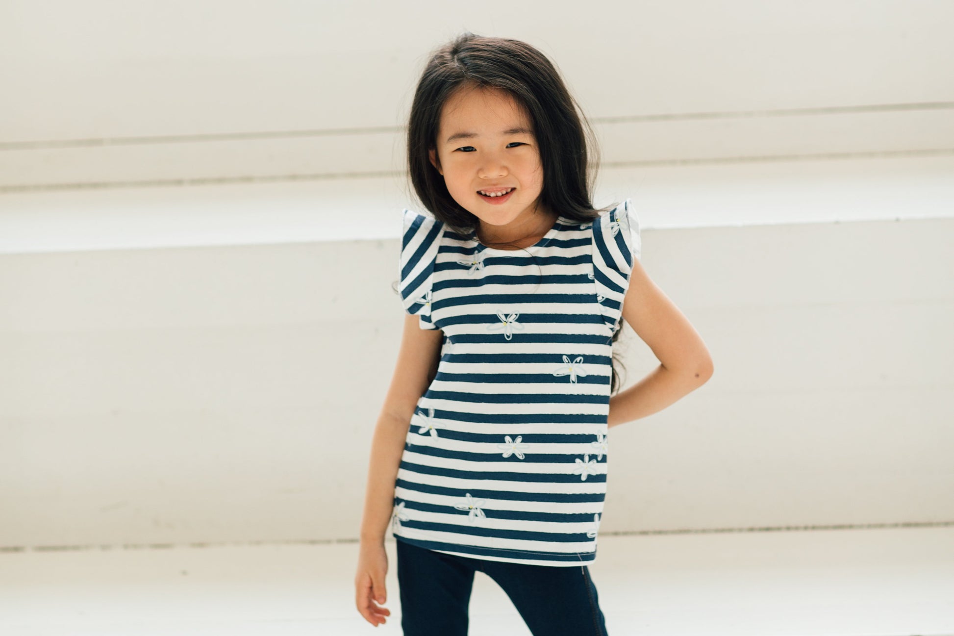 Artie - Girls Navy & White Short Sleeve Striped Top - Flower Frills - Stylemykid.com