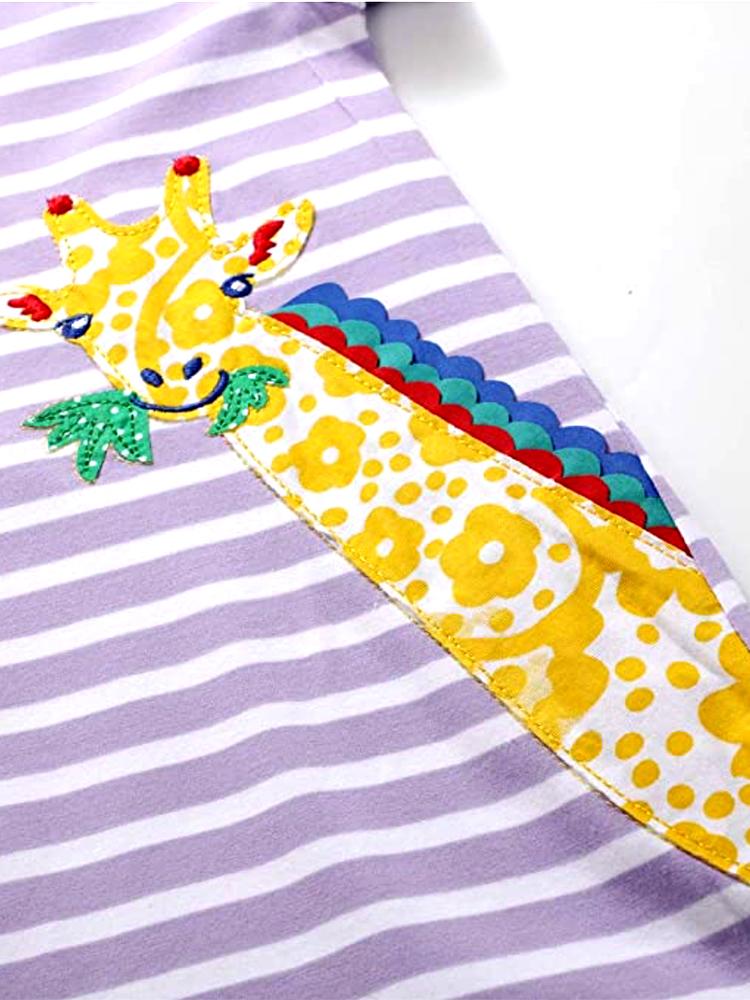 Peeking Giraffe Purple Striped Short Sleeve Girls Dress - 12M to 4Y - Stylemykid.com