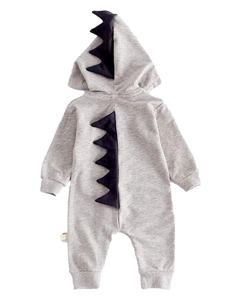 Pale Grey Dinosaur Baby Hooded Onesie With Dark Spikes 3 to 12 months - Stylemykid.com