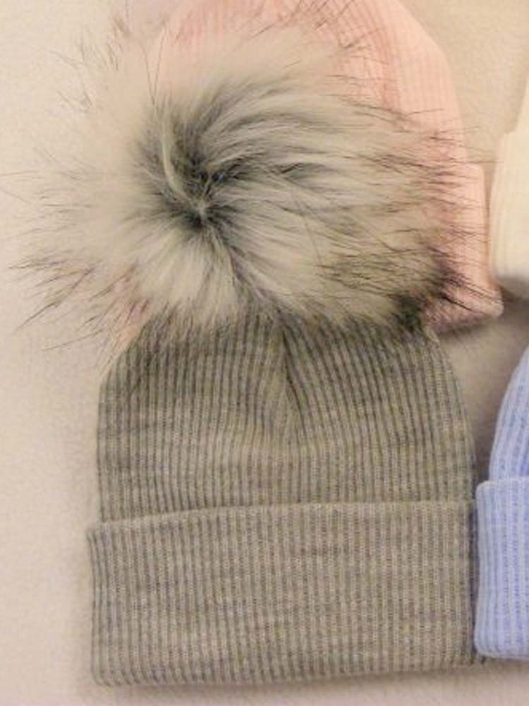 Ribbed Faux Fur Pom Pom Hat - Silver Grey - 3-24 Months - Stylemykid.com