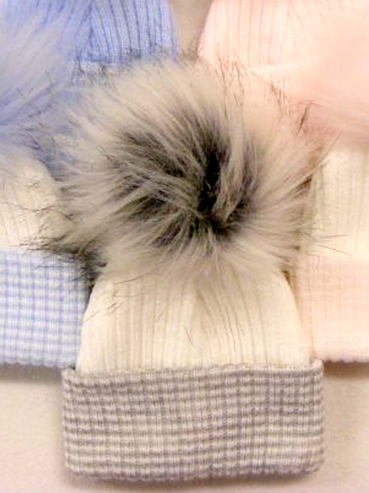 Newborn Grey & White Faux Fur Pom Pom Baby Hat - 0-3 Months - Stylemykid.com