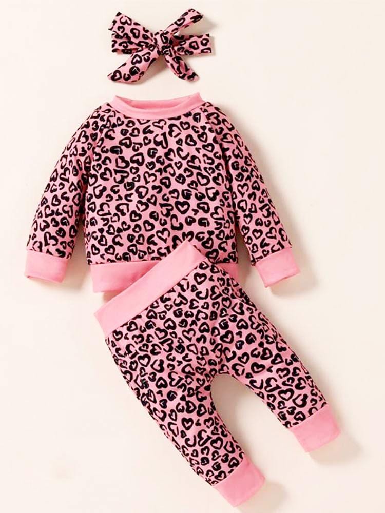 Baby Girl Hot Pink Leopard Hearts Print Top, Joggers & Headband - 3 Piece Outfit - Stylemykid.com