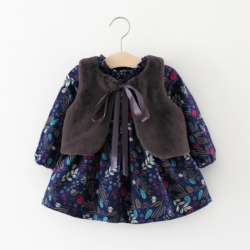 Winter Blossom Blue Flower Fleece Dress with Grey Faux Fur Gilet Set - Stylemykid.com