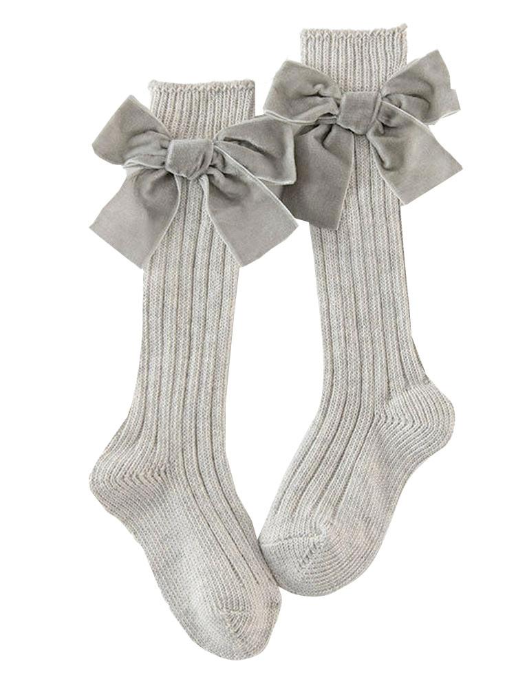 Velvet Bow Girls Long Socks Light Grey