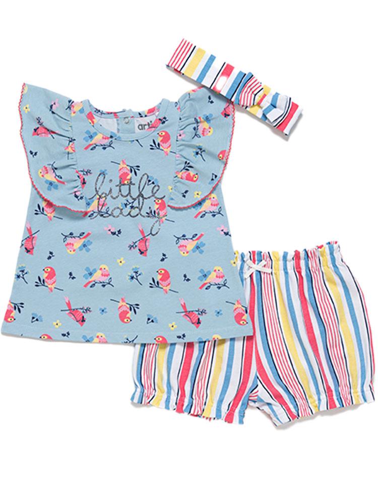 Artie - Baby & Girls Floral Birds Top, Stripy Shorts and Headband 3 Piece Set - Little Lady - Stylemykid.com
