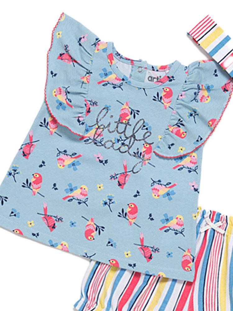 Artie - Baby & Girls Floral Birds Top, Stripy Shorts and Headband 3 Piece Set - Little Lady - Stylemykid.com