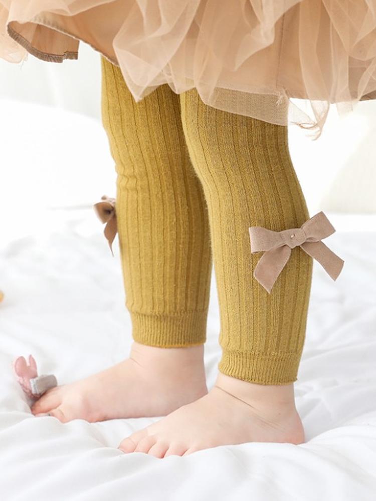 Mustard Ribbon Bow Ribbed Footless Girls Tights/ Leggings - Stylemykid.com