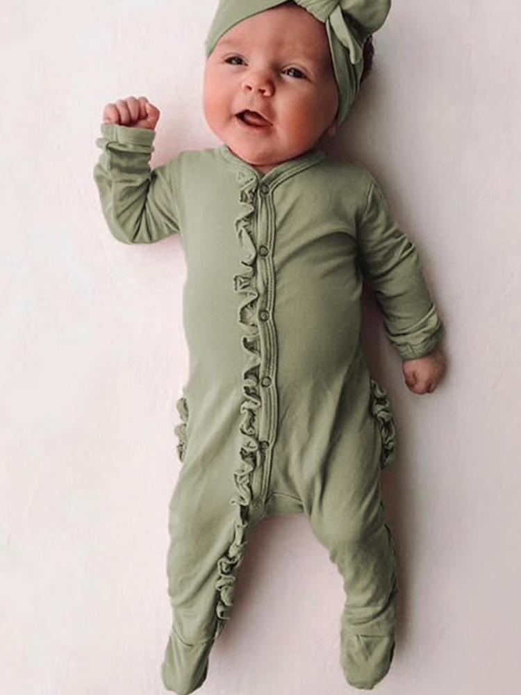 Olive Green Baby Ruffle Footed Sleepsuit with Matching Headband 9 to 18 Months - Stylemykid.com