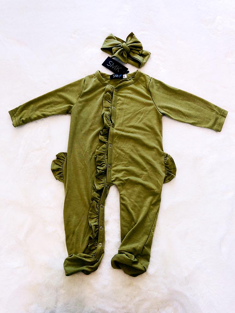 Olive Green Baby Ruffle Footed Sleepsuit with Matching Headband 9 to 18 Months - Stylemykid.com