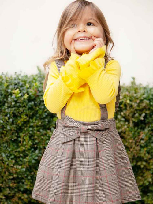 Classic Plaid Colour-Block Dress with Bow and Braces with Yellow Top - Stylemykid.com