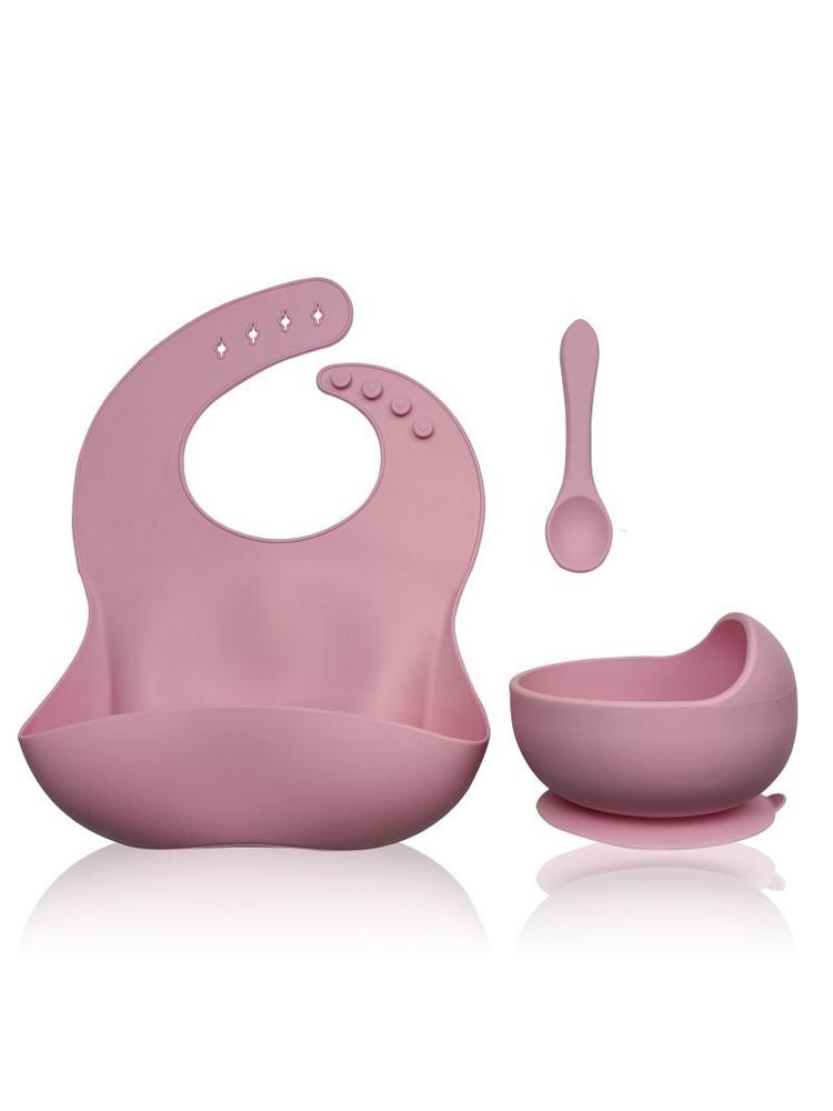 Plum Pink Bib Bowl and Spoon - Silicone Baby Bib, Food Bowl and Spoon - Stylemykid.com