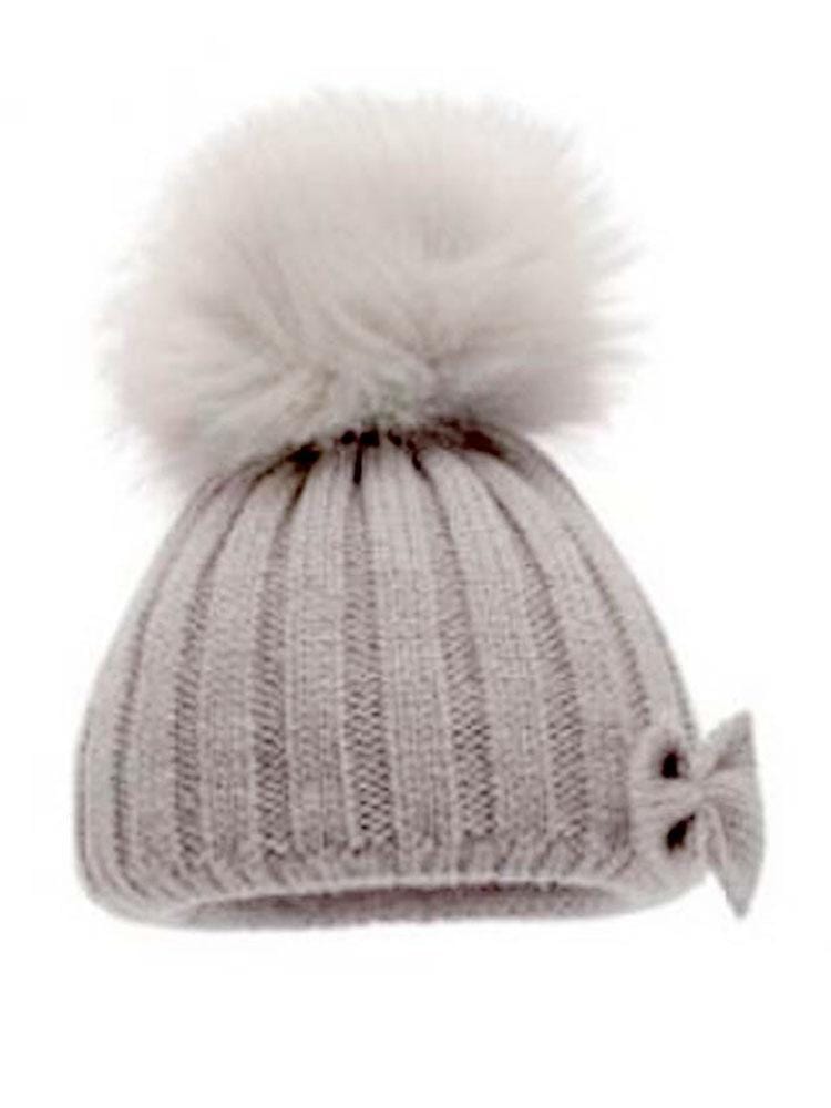 Newborn Bow & Faux Fur Pom Pom Knit Hat - Grey - Stylemykid.com