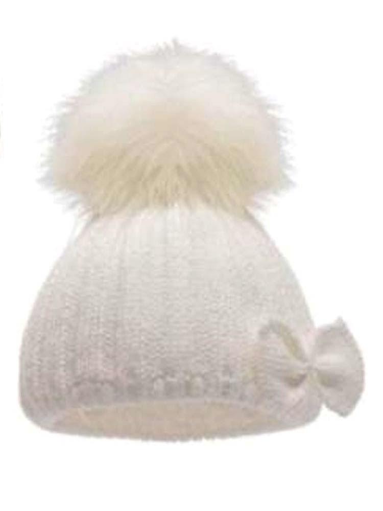 Newborn Bow & Faux Fur Pom Pom Knit Hat - White - Stylemykid.com